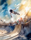 A BMX rider performs a daring trick mid-air above a ramp, captivating the crowd Royalty Free Stock Photo