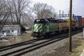 BNSF 3006 in Burlington Northern colors pulls an intermodal train through Rochelle, Illinois