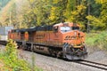 BNSF freight train passing fall colors with intermodal containers