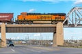 BNSF locomotive 5544 idling on bridge over W. Lincoln Highway while performing switching duties for a freight train in the