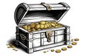 bnw engraving illustration of open pirate wooden chest with golden coins on white background Royalty Free Stock Photo