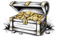 bnw engraving illustration of open pirate wooden chest with golden coins on white background Royalty Free Stock Photo