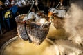 Nan Province,northern Thailand on December 21,2019:Making mountainous salt in traditional way at Bo Kluea.selective focus