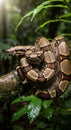 Boa constrictor (Boa constrictor) coiled on a moss-covered tree branch in a dense Royalty Free Stock Photo
