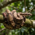 A boa constrictor (Boa constrictor) coiled on a moss-covered tree branch. The snake Royalty Free Stock Photo