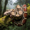 Boa constrictor (Boa constrictor) resting coiled on a moss-covered tree branch in a Royalty Free Stock Photo
