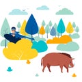 Boar Hunting. In minimalist style. Cartoon flat Vector Royalty Free Stock Photo