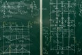 Board with chalk. Formulas, numbers and graphs with drawings are written on the board with chalk. Geometry and trigonometry.