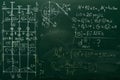 Board with chalk. Formulas, numbers and graphs with drawings are written on the board with chalk. Geometry and trigonometry.