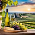 Board with cheese, grapes and white wine in front of a vineyard landscape Royalty Free Stock Photo