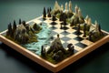 the board on the chess set replaced by surrealistic landscape with mountains, forests, and sky