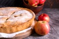Board with delicious apple pie on dark table, closeup Royalty Free Stock Photo