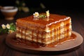 Board with delicious caramel cake on table