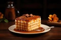 Board with delicious caramel cake on table