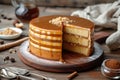 Board with delicious caramel cake on table