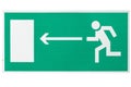 Board direction of exit from building during evacuation. Figure of man on arrow moves towards door. Green information