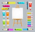 Board Easel Blank Empty and Painting Accessories Set. Vector