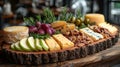 The board features sharp and smoked cheddars, paired with apple slices, pickles, candied pecans, and multigrain crackers Royalty Free Stock Photo