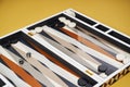 Board game backgammon. Open backgammon game with dice Royalty Free Stock Photo