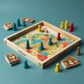 Board game on a blue surface in a wooden frame labeled \