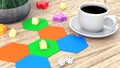 Board game, figures and dice. A cup of coffee on a wooden table. 3D illustrations