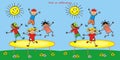 Board game, find six differences, jumping kids on trampoline, vector illustration