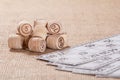 Board game lotto on sackcloth. Wooden lotto barrels and game ca Royalty Free Stock Photo