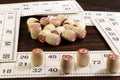 Board game lotto with wooden barrels. Lotto cards. Bingo games. Gambling Royalty Free Stock Photo