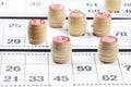 Board game lotto with wooden barrels. Lotto cards. Bingo games. Gambling Royalty Free Stock Photo