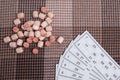 Board game lotto. Wooden lotto barrels with bag, game cards for a game in lotto. Royalty Free Stock Photo