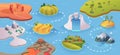 Board game map. Cartoon background with different fantastic islands exact vector ui for game