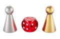 Board game pieces with red dice, 3D rendering Royalty Free Stock Photo