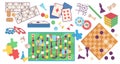 Board games cartoon set. Chess and puzzle, game cards and bones. Various types equipment for leisure and friends meet Royalty Free Stock Photo