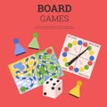 Board games colorful banner for family entertainment, flat vector illustration. Royalty Free Stock Photo