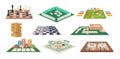 Board games. Family playful occupation domino cards mahjong chess exact vector illustrations in cartoon style