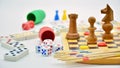 Board games, gambling and strategy on white background