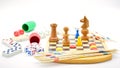 Board games, gambling and strategy on white background