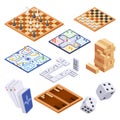 Board games set, flat isometric view. Isolated colored icon backgammon, chess, checkers and domino. Playing cards and Royalty Free Stock Photo