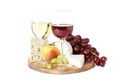 Board, glasses with wine, cheese and fruits isolated on white