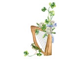 Board with harp, spring flowers and bird watercolor illustration isolated on white. Painted shamrock with lira and
