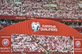 Board with with logos and subtitles `European Qualifiers` and `UEFA Respect