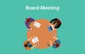 Board meeting illustration with for people meeting on a table with paperworks on top of the table