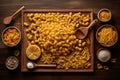 Board With Noodles And Other Kitchen Items, Lots Of Different Types Of Noodles, Mix. Generative AI