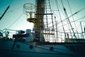 Board an old sailing ship.Mast, ropes, tinted. Royalty Free Stock Photo