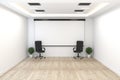 Board room - empty office concept , business interior with chairs and plants and wooden floor on white wall empty. 3D rendering Royalty Free Stock Photo