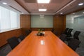 Board room in a modern office with wooden table, white board and teelvision screen