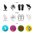 Board with a sail, a palm tree on the shore, slippers, a white shark. Surfing set collection icons in black,flat,outline Royalty Free Stock Photo