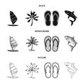 Board with a sail, a palm tree on the shore, slippers, a white shark. Surfing set collection icons in black,monochrome Royalty Free Stock Photo