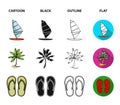 Board with a sail, a palm tree on the shore, slippers, a white shark. Surfing set collection icons in cartoon,black Royalty Free Stock Photo
