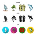 Board with a sail, a palm tree on the shore, slippers, a white shark. Surfing set collection icons in cartoon,black,flat Royalty Free Stock Photo